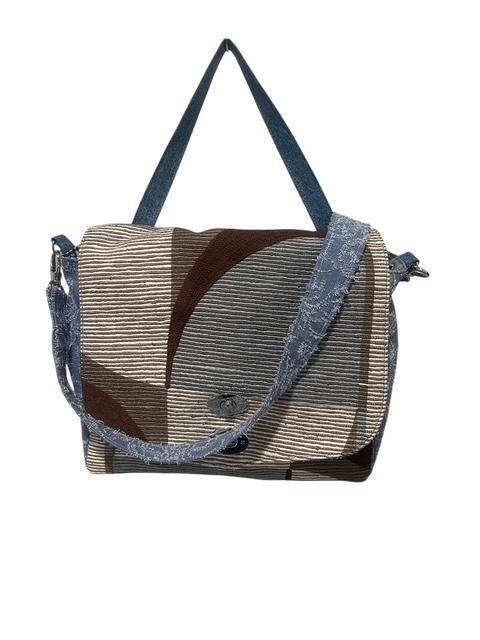 Post College L lino rigato e denim sfrangiato